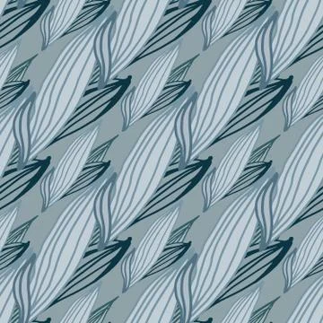 Abstract blue leaves shape seamless pattern. Line art leaf endless ornament.  Illustrazione stock