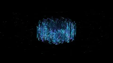 Abstract blue light particles forming glowing rotating ring motion in dark .. Stock Footage 345984285