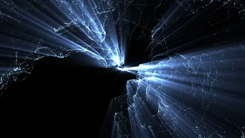Abstract blue light rays and digital particles bursting from a dark core, for Stock Footage 327454303