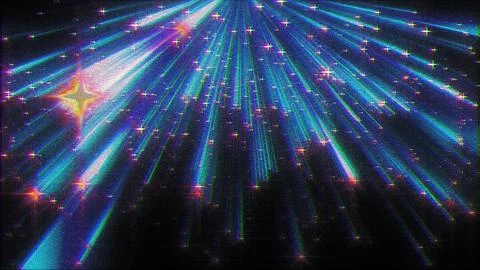 Abstract blue light rays with glitching stars falling on dark background Stock Illustration