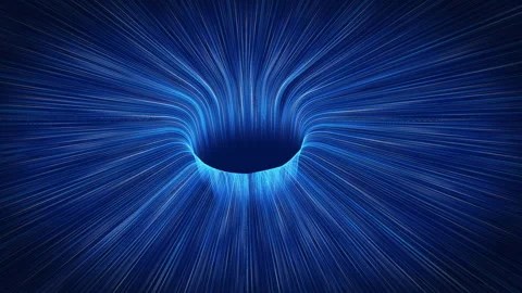 Abstract blue light streams converging into black hole on dark background Stock Footage 316400377