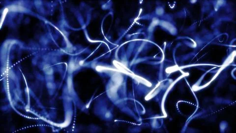 Abstract blue light trails and particles floating through a dark digital sp.. Stock Photos