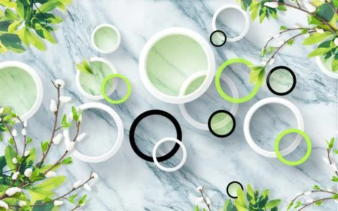 Abstract blue marble background, white and black rings, white flowers Stock Illustration