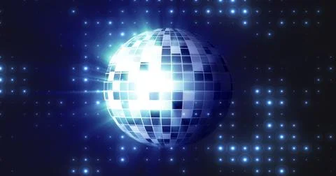 Abstract blue mirrored spinning round disco ball for discos and dances in n.. Stock Illustration