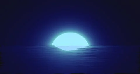 Abstract blue moon over water sea and horizon with reflections background Ilustração Stock