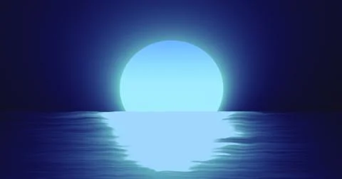 Abstract blue moon over water sea and horizon with reflections background Ilustração Stock