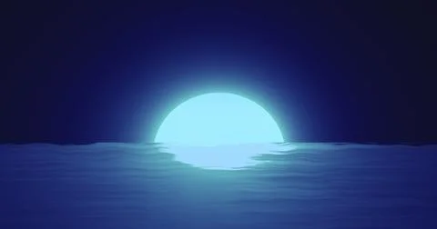 Abstract blue moon over water sea and horizon with reflections background Ilustração Stock