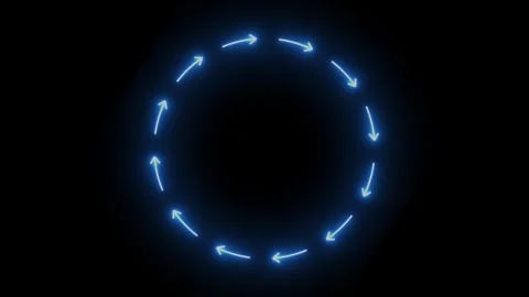 Abstract blue neon arrows forming a glowing circular loop on a dark backgro.. Stock Footage 345151468
