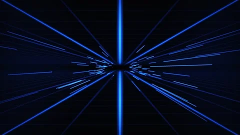 Abstract blue neon light streaks moving in a digital grid tunnel. 4K Video stock 345111454