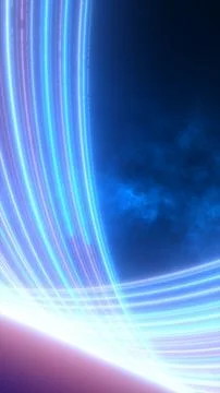 Abstract blue neon light trails with curved glowing beams, misty background.. Stock Illustration