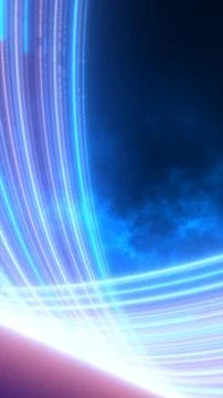 Abstract blue neon light trails with curved glowing beams, misty background.. Stock Illustration