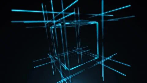 Abstract blue neon lines creating geometric cube structure Illustrazione stock