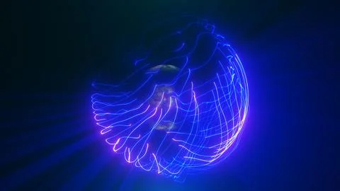 Abstract blue neon sphere formed by glowing light trails and fluid wireframe  Illustrazione stock