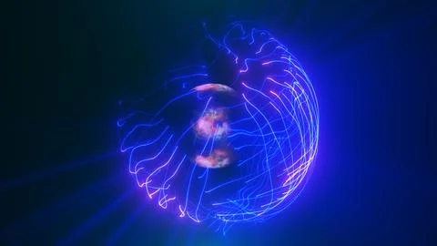 Abstract blue neon sphere formed by glowing light trails and fluid wireframe  Stock Illustration