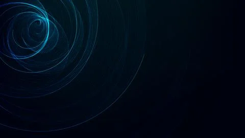 Abstract blue neon vortex and glowing light swirls on dark background for f.. Illustrazione stock