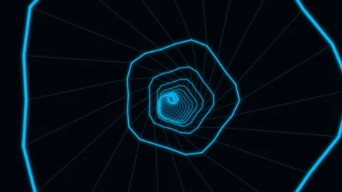 Abstract blue neon wireframe tunnel spiraling in dark space Stock Footage 336342186
