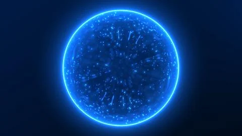 Abstract blue particle sphere with disperse digital energy flow and glowing.. Stock Illustration