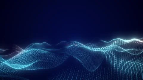 Abstract blue particle wave with glowing data mesh on dark background, symb.. Stock Illustration