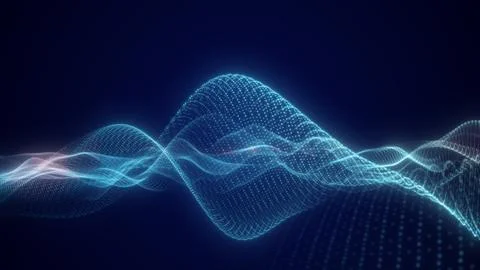 Abstract blue particle wave with glowing data mesh on dark background, symb.. Stock Illustration