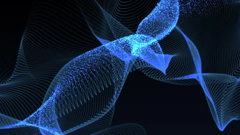 Abstract blue particle waves forming dynamic flowing shapes on dark background Видео 295169207