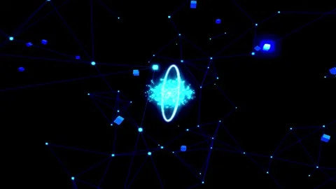 Abstract Blue Particles Connect in Digital Network with Glowing Orbits duri.. Vídeo Stock 346803206