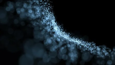 Abstract blue particles form a flowing digital wave on a dark background, sym Stock Footage 327454218