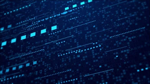 Abstract blue pixel grid visual with layered square tiles, bright data bars, and Stock Footage 340528004