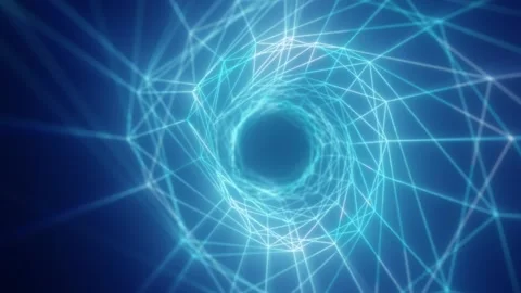 Abstract blue polygonal network forming a luminous circular vortex 스톡 동영상 345576245