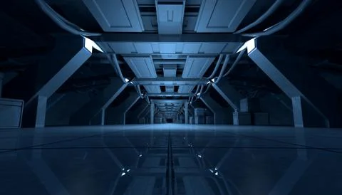 Abstract Blue Sci Fi Futuristic Interior Design Corridor.3D Rendering. Stock Illustration