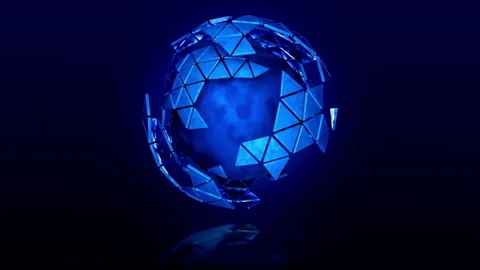 Abstract blue sci-fi sphere with rotating multilayer triangle clouds 스톡 동영상 167868425