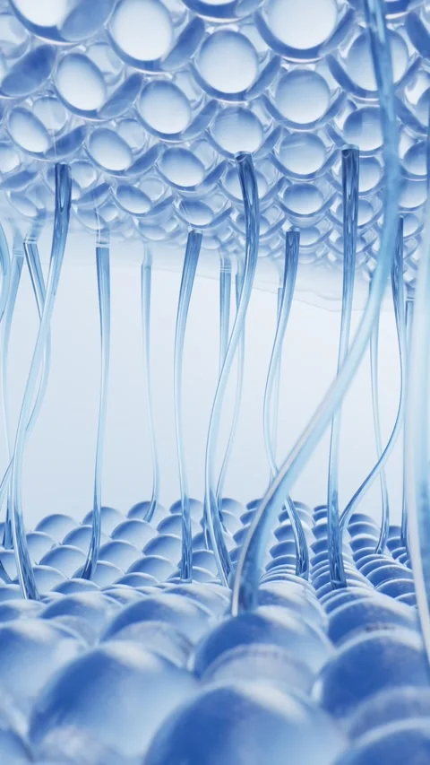 Abstract blue serum bubbles floating between liquid layers in 3d animation .. Stock Footage 332149396