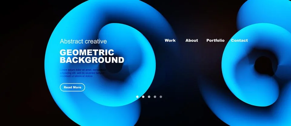 Abstract blue shapes form dynamic website header. Text overlays design, Stock Illustration