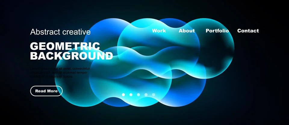 Abstract blue shapes form dynamic background. Website header includes navig.. Stock Illustration