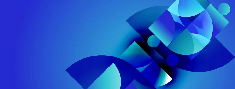 Abstract blue shapes overlap, creating dynamic composition. Gradient shades Illustrazione stock