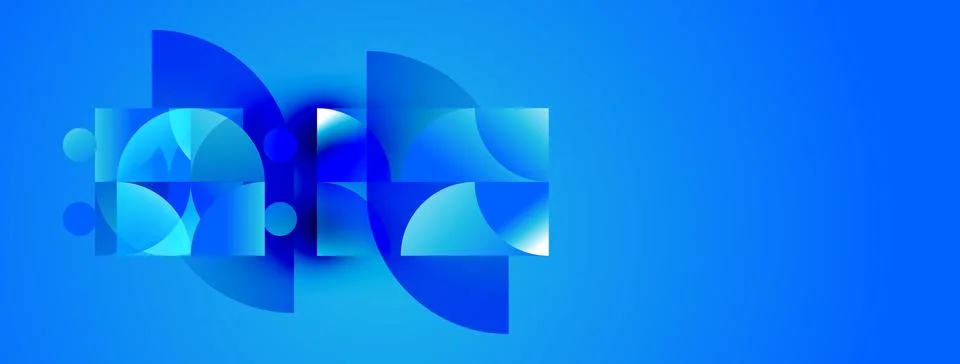 Abstract blue shapes overlap, creating dynamic composition. Circles, curves, Stock Illustration
