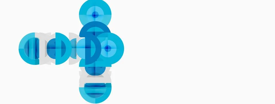 Abstract blue shapes overlap, creating dynamic composition. Circles, curves, Stock Illustration