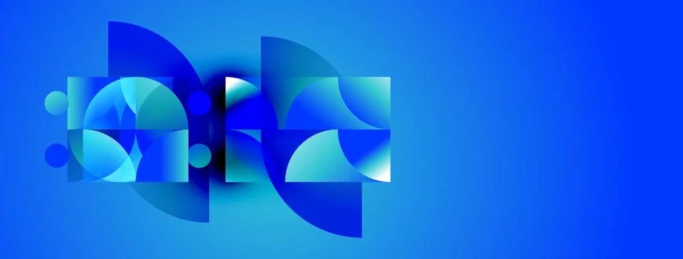 Abstract blue shapes overlap, creating dynamic composition. Circles, curves, Stock Illustration