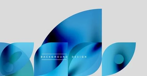Abstract blue shapes overlap gray backdrop. Modern design features gradients, Stock Illustration