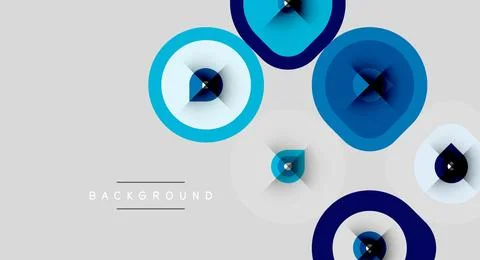 Abstract blue shapes overlap gray backdrop. Circles, teardrops create modern Stock Illustration