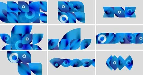 Abstract blue shapes, overlapping layers, circular elements. Modern design, Illustrazione stock