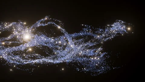 Abstract blue shimmering, dynamic golden particles suspended in mid-air on a dar Video stock 289759178