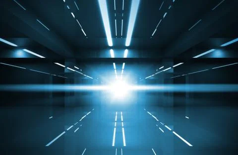 Abstract blue shining interior perspective with neon lights Illustrazione stock