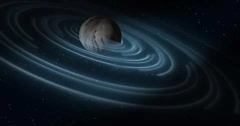 Abstract blue space planet with a round asteroid belt ring  futuristic hi-t.. Illustrazione stock