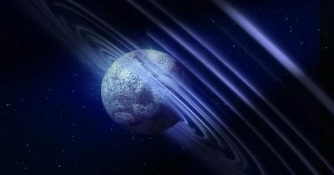 Abstract blue space planet with a round asteroid belt ring futuristic hi-tech Stock Illustration
