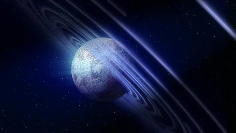 Abstract blue space planet with a round asteroid belt ring  futuristic hi-t.. Stock Illustration