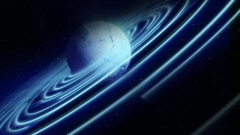 Abstract blue space planet with a round asteroid belt ring futuristic hi-tech Stock Illustration