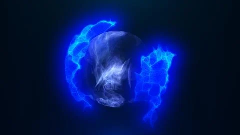 Abstract blue sphere with sharp electric arcs and swirling misty textures r.. Illustrazione stock