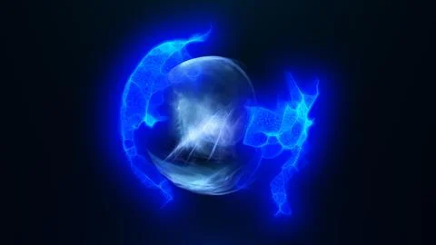 Abstract blue sphere with sharp electric arcs and swirling misty textures r.. Illustrazione stock