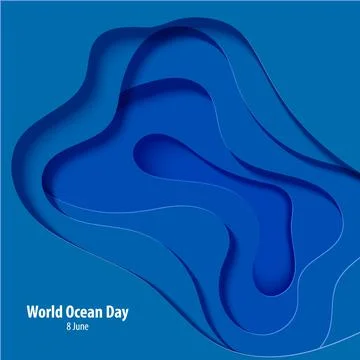 Abstract blue square flyer in cut paper style. Cutout sea wave template for for Illustrazione stock