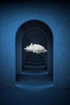 Abstract blue surreal 3d render with white cloud. Arch corridor dark blue b.. Stock Illustration